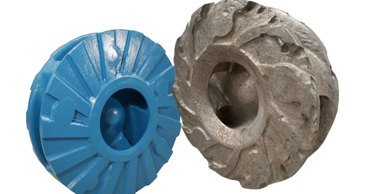Comparación entre un impulsor nuevo y un impulsor de bomba centrífuga erosionado por cavitación
