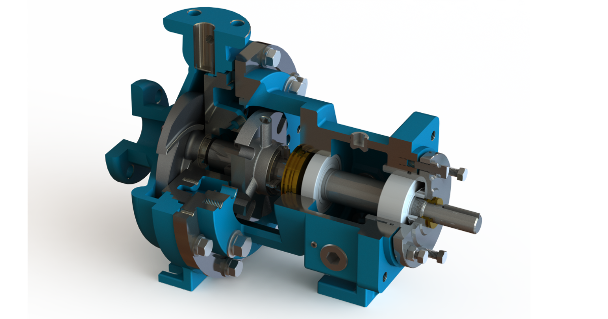 Cutaway view of an industrial centrifugal pump showing casing, shaft, seal, and impeller.