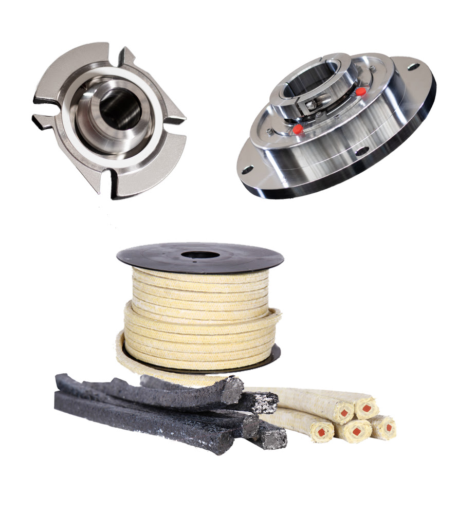 Pump sealing system components with mechanical seal parts and packing.